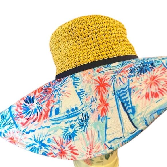 Lilly Pulitzer Women's "Sea To Shining Sea" Beach Sun Hat Blue & Pink Straw - Picture 3 of 6